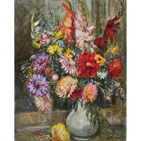 Hanni Bay — Dahlien- und Gladiolenstrauss in Vase.