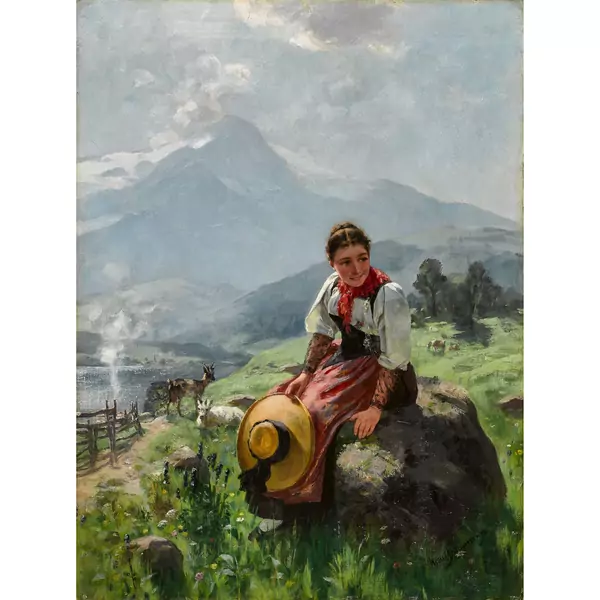 Sommerlandschaft mit Berner Trachtenmädchen und Ziegen