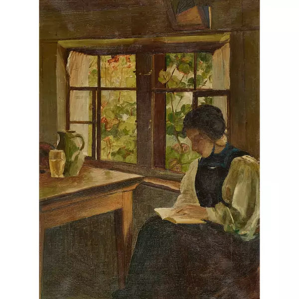 Frau mit Lektüre am Fenster