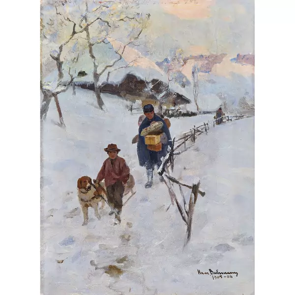 Wintermorgen auf dem Land mit Paketbote