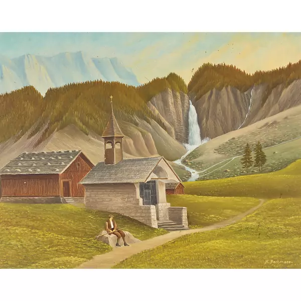 Berglandschaft mit Kapelle und Wasserfall