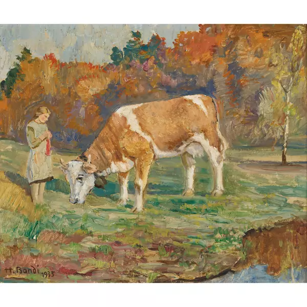 Mädchen mit Kuh am Waldrand