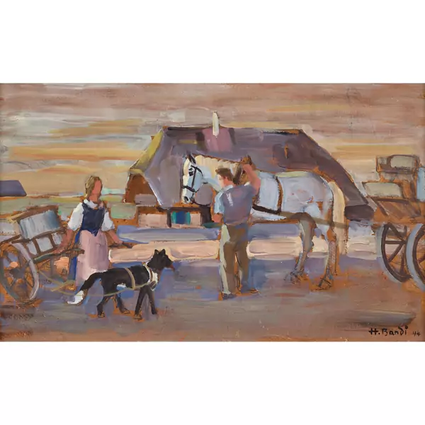 Bauernpaar am Pferdewagen
