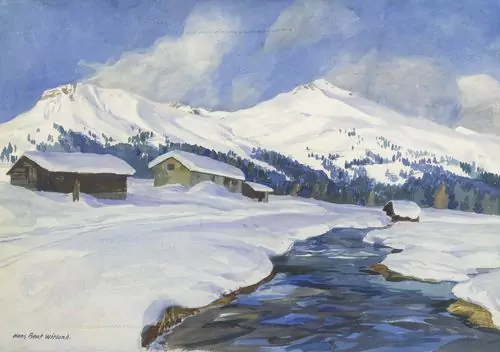 HANS BEAT WIELAND — Engadiner Winterlandschaft mit dem Inn im Vordergrund. — Koller Auktionen