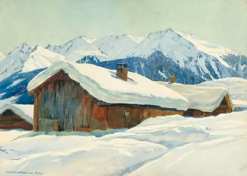 HANS BEAT WIELAND — Klosters mit Blick gegen Gatschiefergruppe. 1913. — Koller Auktionen