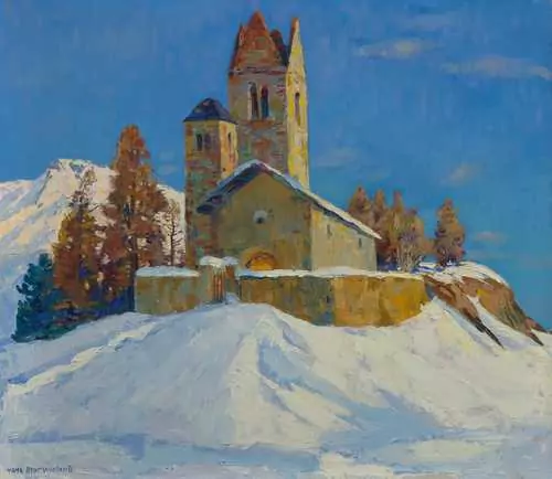HANS BEAT WIELAND — San Gian Church near St. Moritz with Piz Padella in the background. — Koller Auktionen
