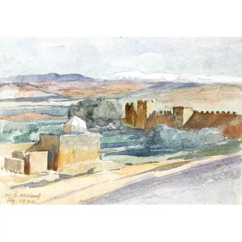 Hans Beat Wieland — Marokkanische Landschaftspartie mit Stadtmauer.