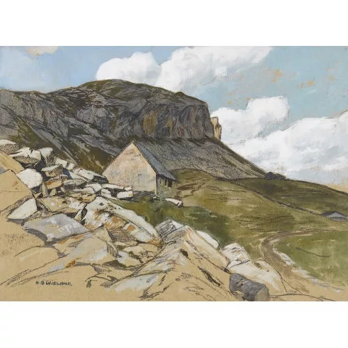 Hans Beat Wieland — Bergpartie am Gotthard mit Hütte.