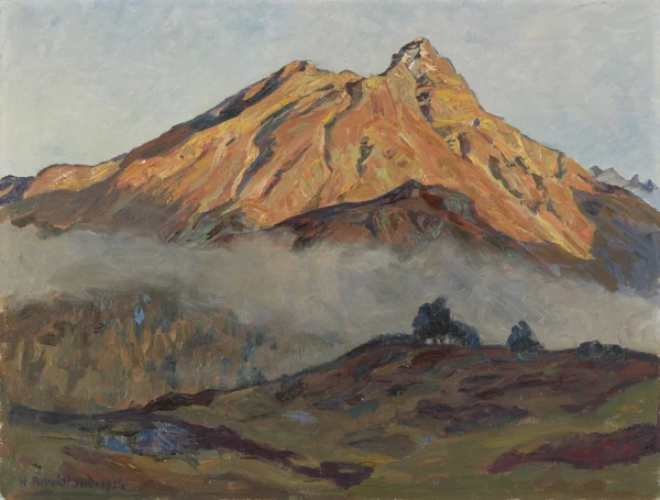 Hans Beat Wieland — PIZ LA MARGNA IM ABENDLICHT (VON NORDEN OBERHALB MALOJA GESEHEN), 1926MOUNT LA MARGNA AT SUNSET (SEEN FROM THE NORTH ABOVE MALOJA), 1926