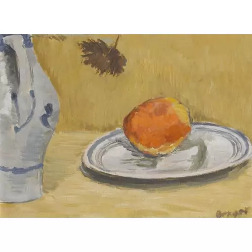 Stillleben mit Apfel, Zinnteller und Steinzeugkrug