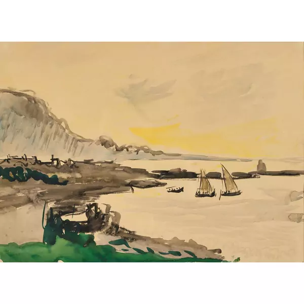 Uferlandschaft mit Segelschiffen