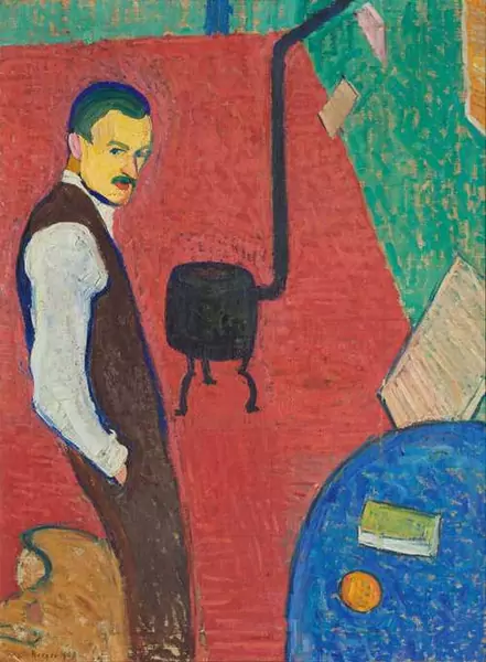 HANS BERGER — Selbstbildnis mit Ofen (Self portrait with stove). 1909. — Koller Auktionen