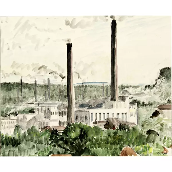 Hans Berger — Ansicht der Papierfabrik Biberist. - 2 Ansichten des Wohnhauses der Familie Miller "Die Schnabelweide" in Biberist — Galerie Kornfeld