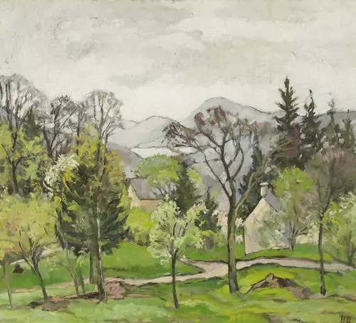 HANS BRÜHLMANN — Frühlingslandschaft mit einer Gebirgskette im Hintergrund. — Koller Auktionen