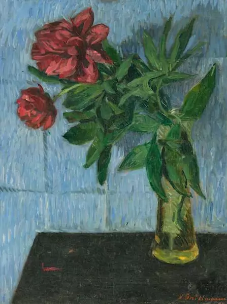 HANS BRÜHLMANN — Dark red peonies against a blue background. 1903. — Koller Auktionen