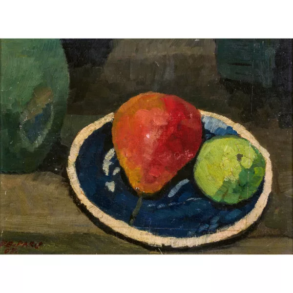 Hans Brühlmann — "Apfel und Birne in blauer Schale".