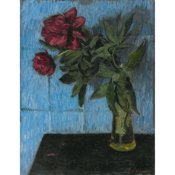 Hans Brühlmann — DUNKELROTE PFINGSTROSEN VOR BLAUEM GRUND, 1903 DARK RED PEONIES WITH BLUE BACKGROUND, 1903