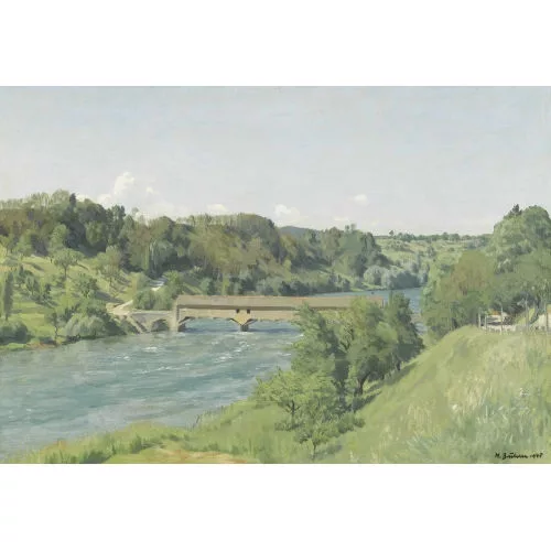 Hans Bührer — Sommerlicher Fluss mit Holzbrücke.