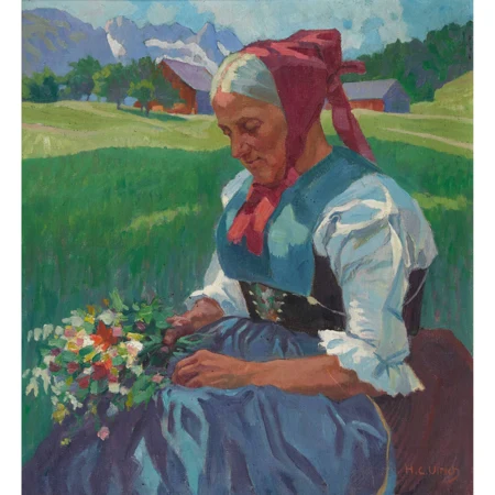 Trachtenfrau mit Blumenstrauss vor Alplandschaft