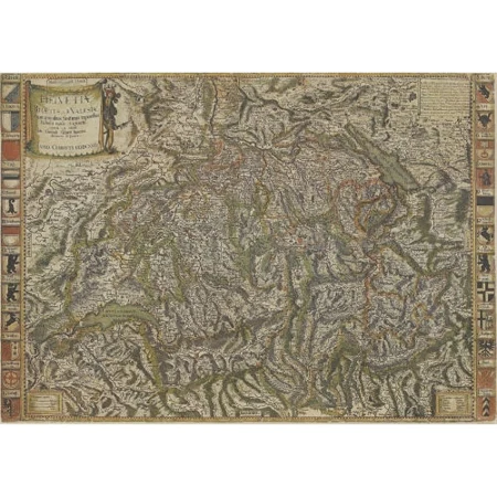 "Helvetiae, Rhaetiae et valesiae cum omnibus finitimis regionibus Tabula nova et exacta. Opera et cura Joh. Conradi Gygeri Tigurini delineata et excusa".