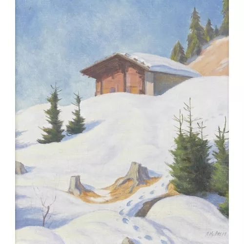 Hans Daepp — Verschneite Hauspartie in den Bergen.