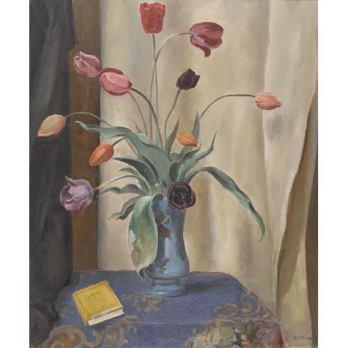 Hans Daepp — Stillleben mit Tulpen in blauer Vase.