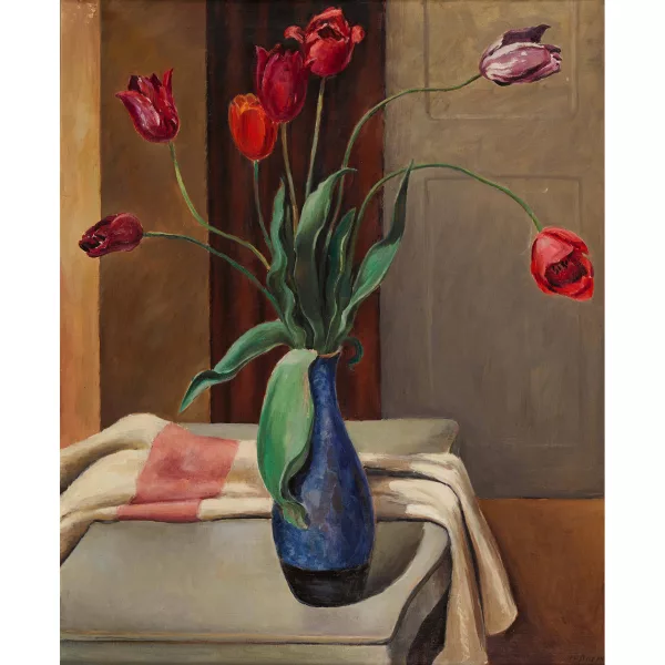 Hans Daepp — Stillleben mit Tulpen in blauer Vase.