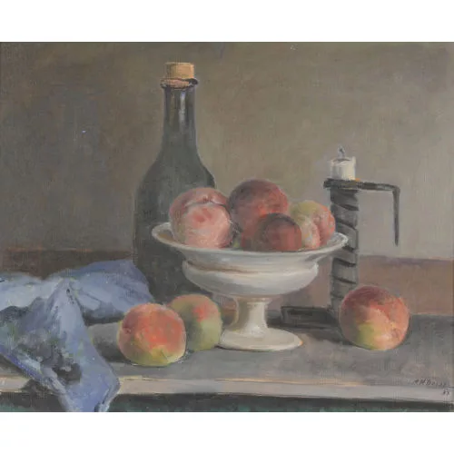 Hans Daepp — Stillleben mit Früchteschale, Flasche und Kerzenstock.
