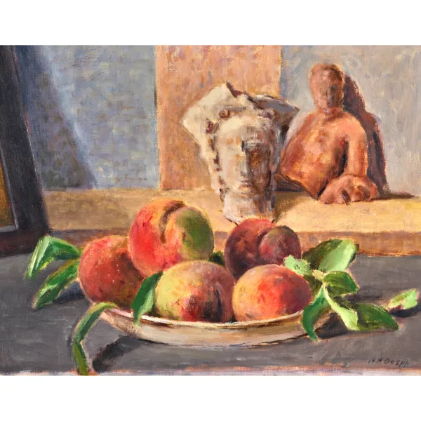 Hans Daepp — Atelier-Stillleben mit Pfirsichen und figürlichen Fragmenten.