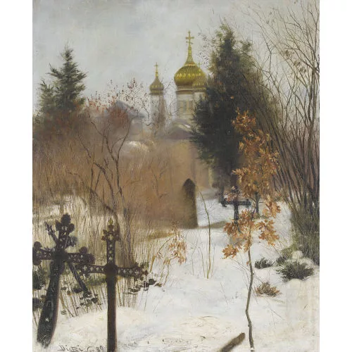 Hans Dietzi — Verschneiter Friedhof mit orthodoxer Kirche.