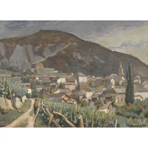 Hans Eggenberg — Walliser Landschaftspartie mit Dorf.