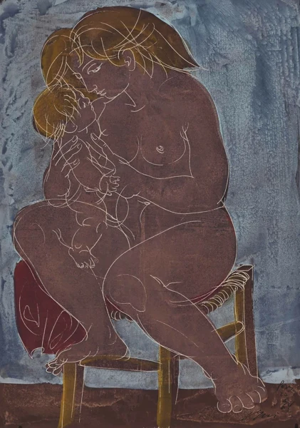 Hans Erni — Mutter und Kind auf einem Hocker sitzend, 1964
