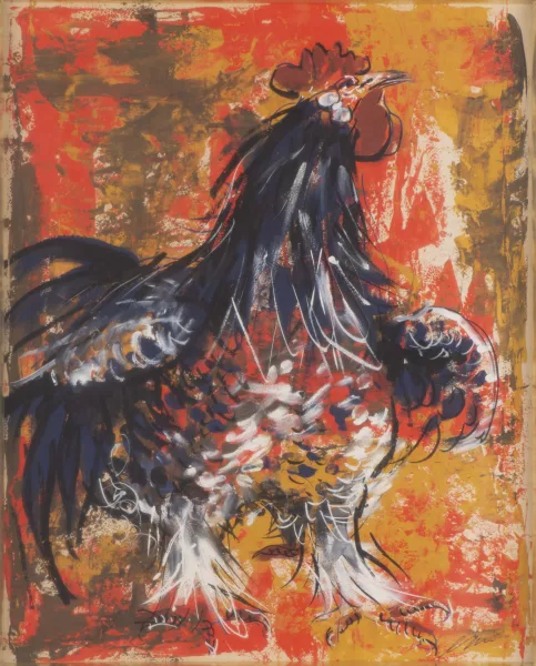 Hans Erni — Hans ERNI (1909-2015) "Coq sur fond rouge", 1960