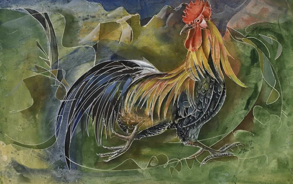 Hans Erni — Hahn vor Landschaft, 2000