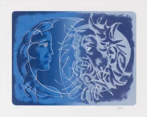 Hans Erni — Femme lune et homme soleil sur fond bleu