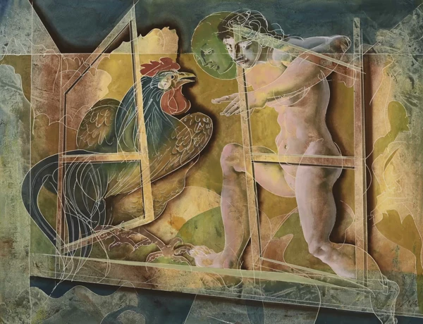 Hans Erni — Frau und Hahn hinter Fensterrahmen, 1995