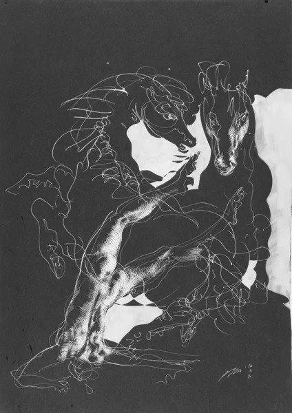 Hans Erni — Zwei Pferde und stürzender Mann, 1971