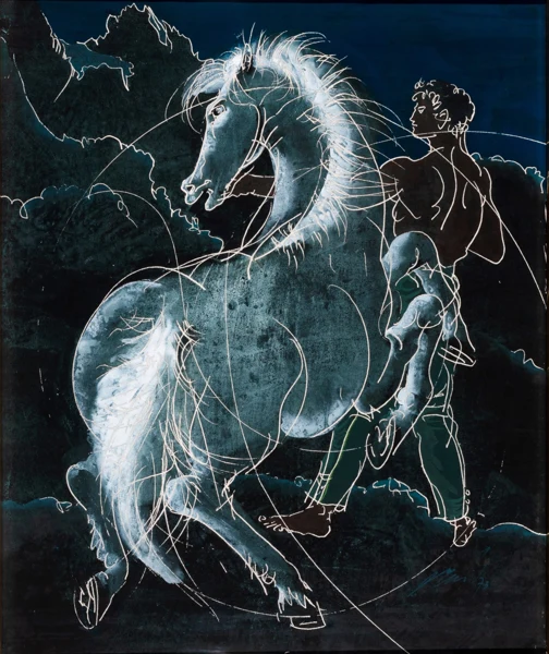 Hans Erni — Pferdeführer mit Schimmel im Gebirge, 1973