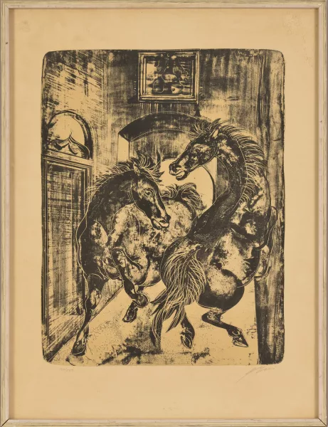 Hans Erni — Deux chevaux devant l'entrée du château de La Sarraz