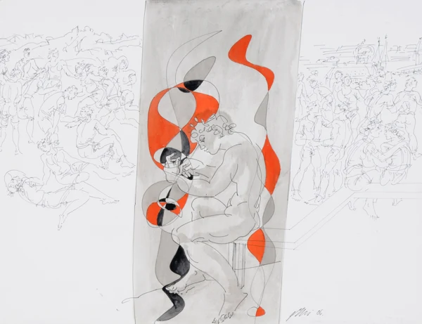 Hans Erni — Künstler und Figurengruppe mit Stadt Luzern im Hintergrund, 2006
