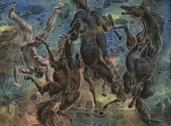Hans Erni — Stürzender Mann mit drei Pferden, 1987