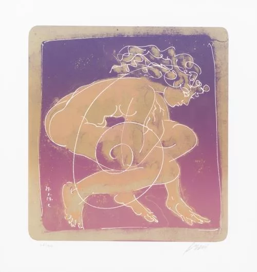 Hans Erni — Profil de femme nue accroupie avec forme hélicoïdale