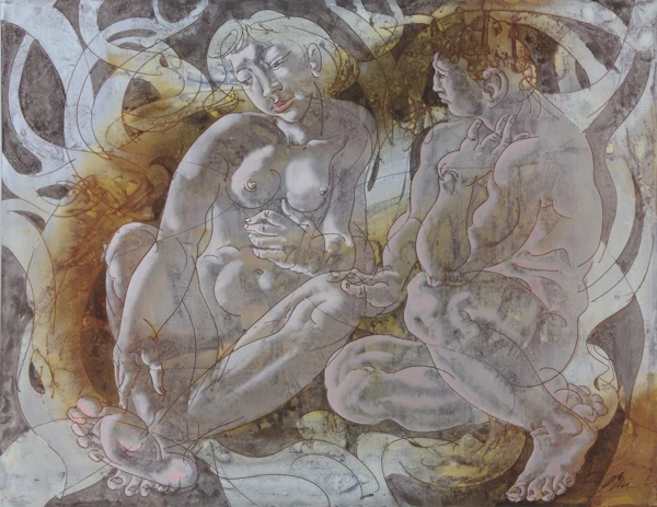Hans Erni — Sitzendes Liebespaar, 1985