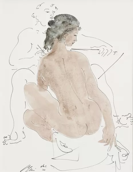 Homme et modèle nue de dos