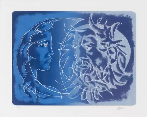 Hans ERNI (1909-2015), "Femme lune et homme soleil sur fond bleu" — DognyAuction