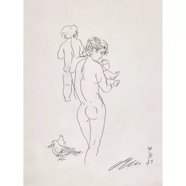 Mutter mit Kindern und Taubenpaar