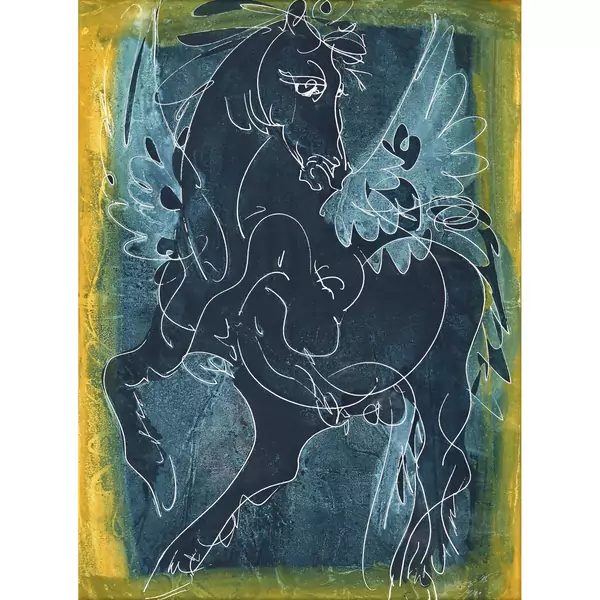 "Pegasus auf blau/gelbem Grund"