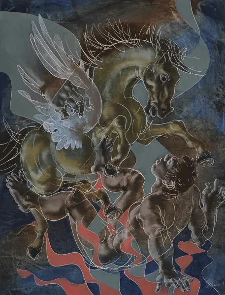 Hans Erni — Liegender Jüngling und aufbäumender Pegasus, 1975