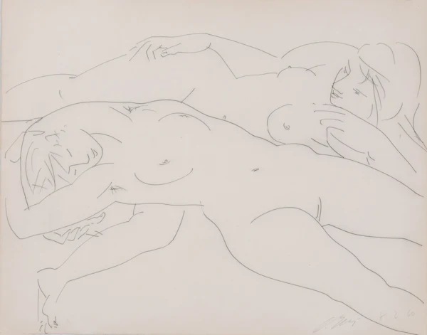 Hans Erni — Zwei Zeichnungen: Deux nues allongées; Trois femmes à la plage, 1960
