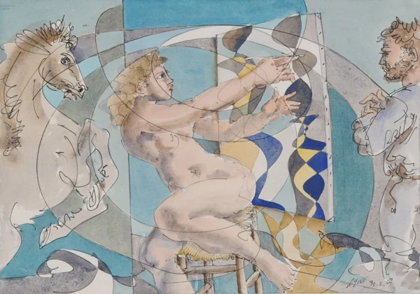 Hans Erni — Zwei Zeichnungen: Daphne; Maler und Modell mit steigendem Pferd, 2007